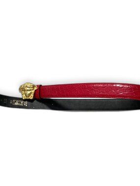Vintage Gianni Versace Red Crocodile Leather Medusa Belt Gold Buckle Italy